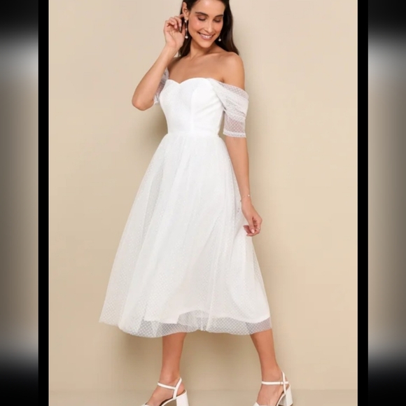 Lulus Heavenly Mood White Mesh Swiss Dot Off-the-Shoulder Midi Dress - Picture 3 of 5